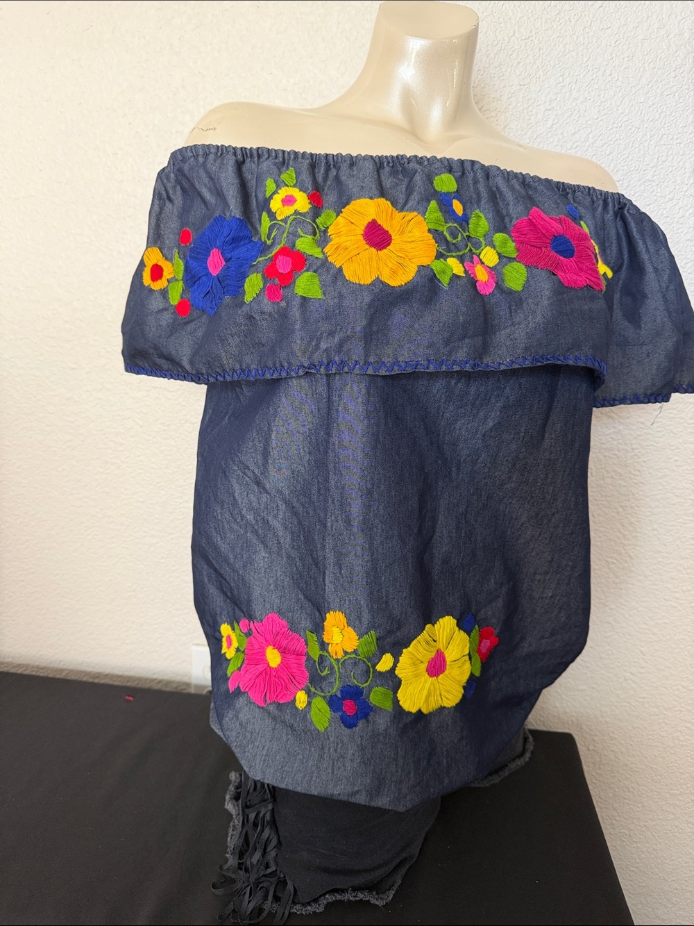 Off-Shoulder Embroidered Tunic Top in Navy with Bright Floral Accents